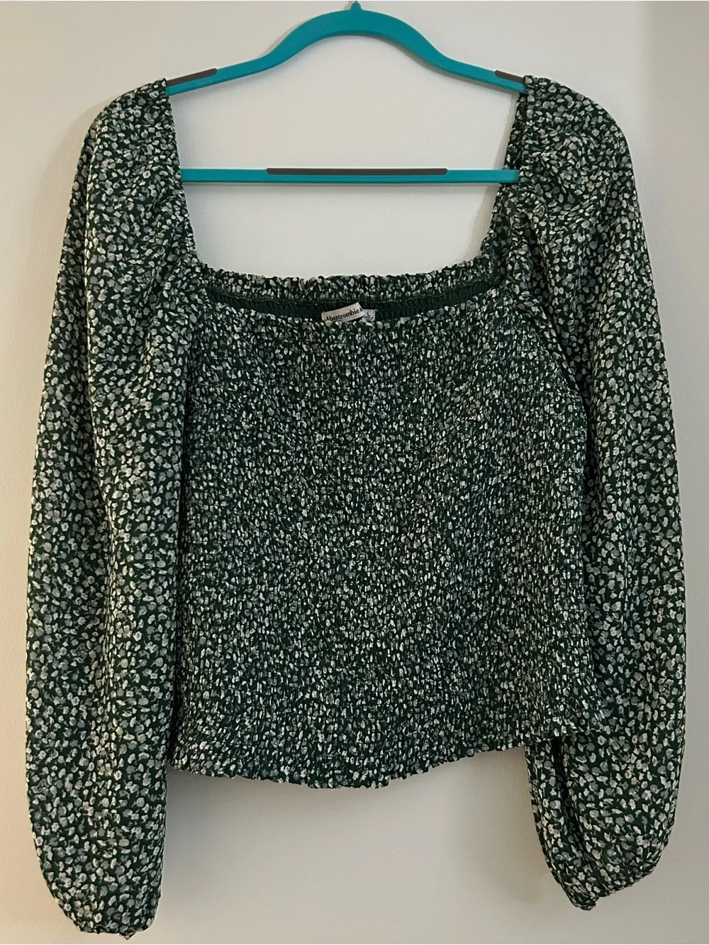 Abercrombie & Fitch Dark Green Floral Smocked Square-Neck Blouse